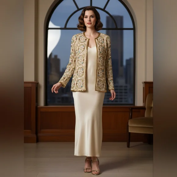 SEQUIN ORIGINAL Vintage Hand Beaded Silk Jacket Shoulder Pads Bead Work LARGE - Picture 1 of 17